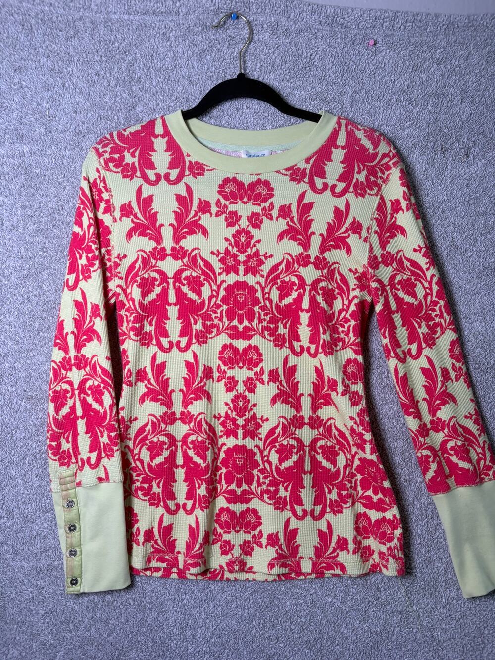 Sundance M Pink Damask Floral Waffle Thermal Top Boho